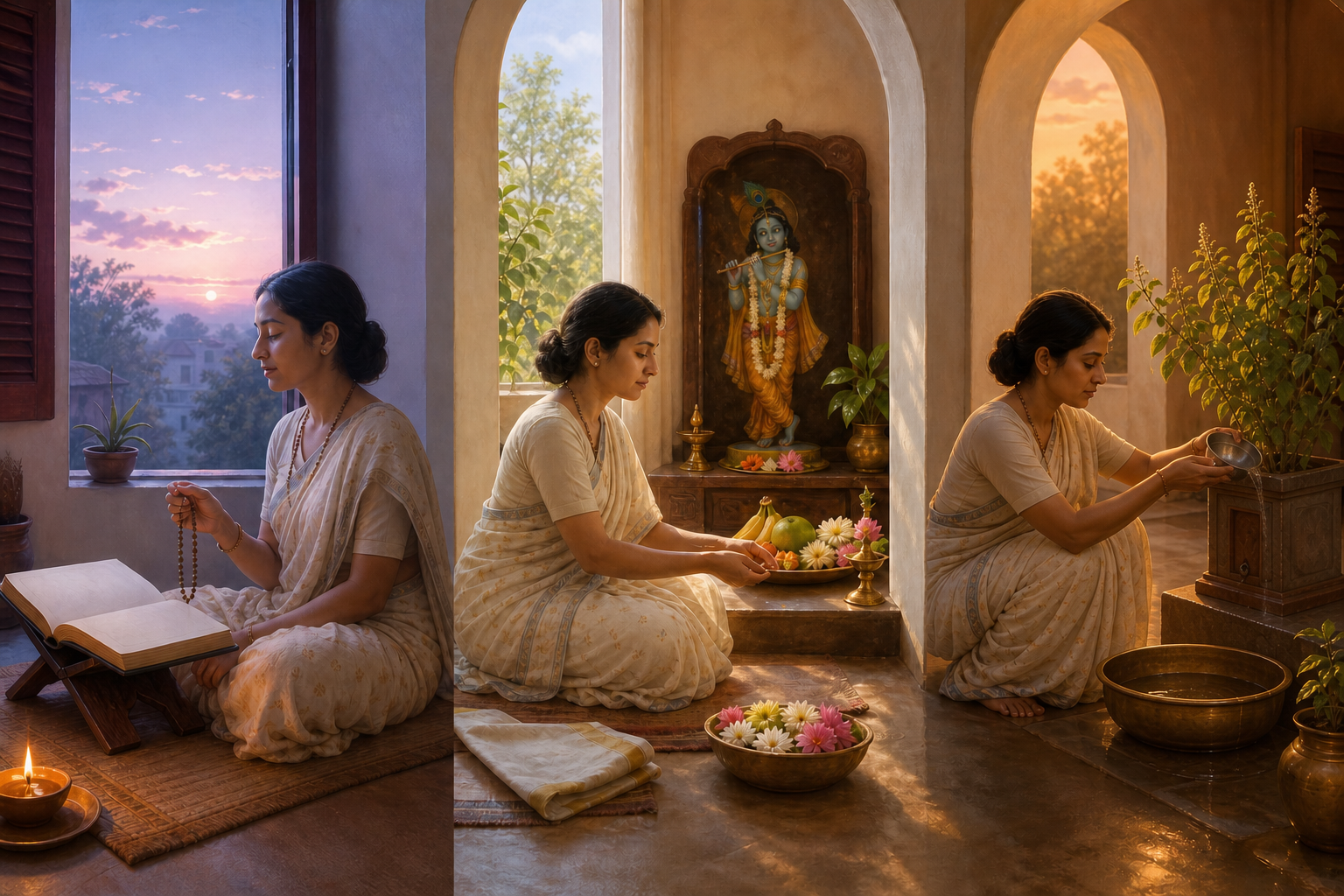 The same practitioner chants at dawn, prepares a fruit and flower offering at midday, and tends a tulsi plant at dusk in a home prayer space.