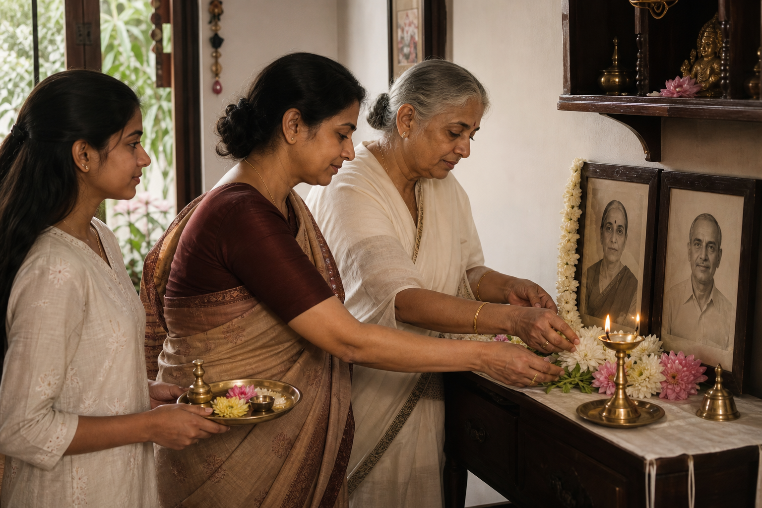 Three generations of Hindu women arrange flowers and light a brass lamp beside framed portraits of deceased family elders in a home shrine.