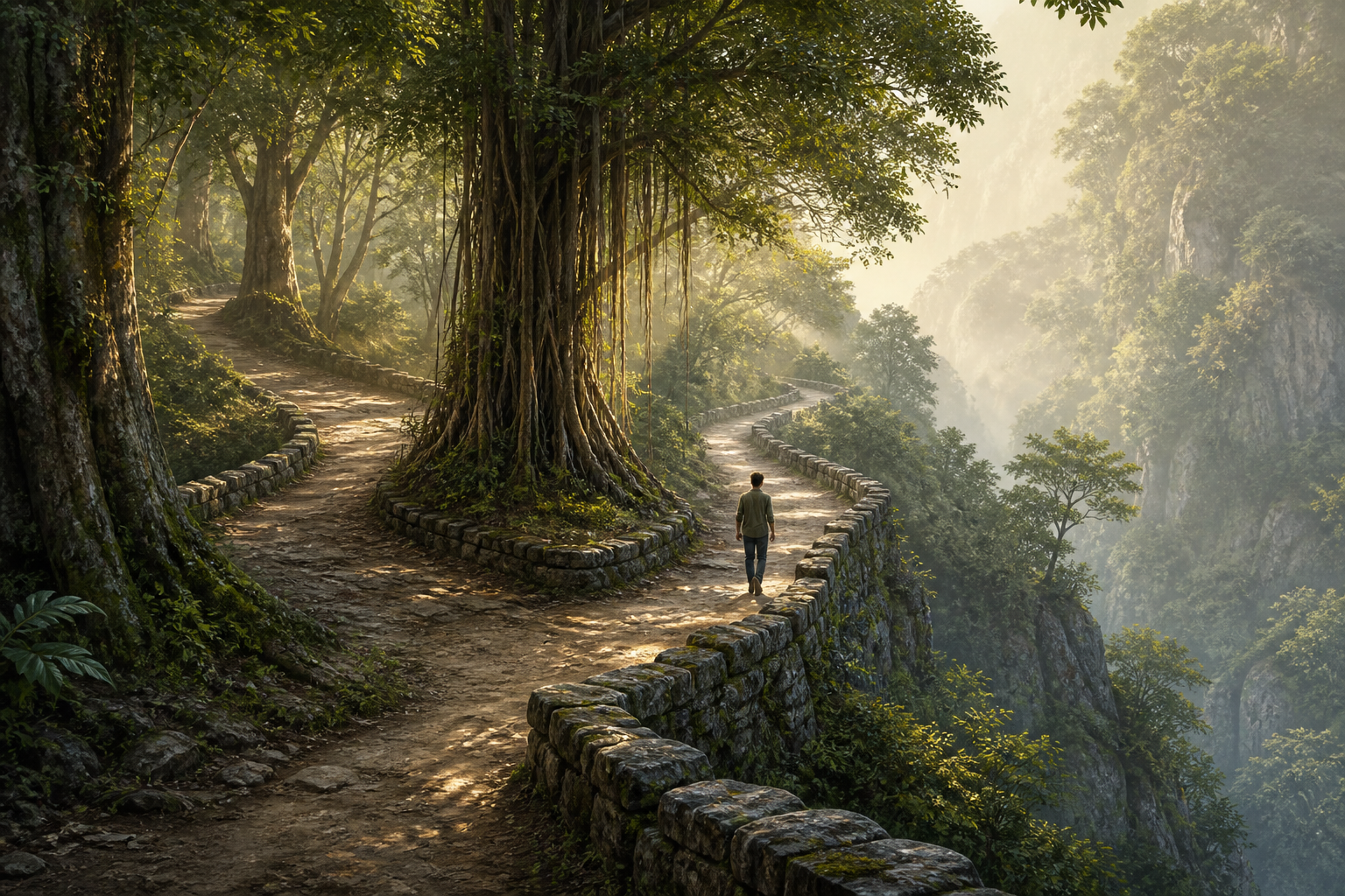 A lone traveler follows a curving forest path bordered by low stones beside a steep slope.