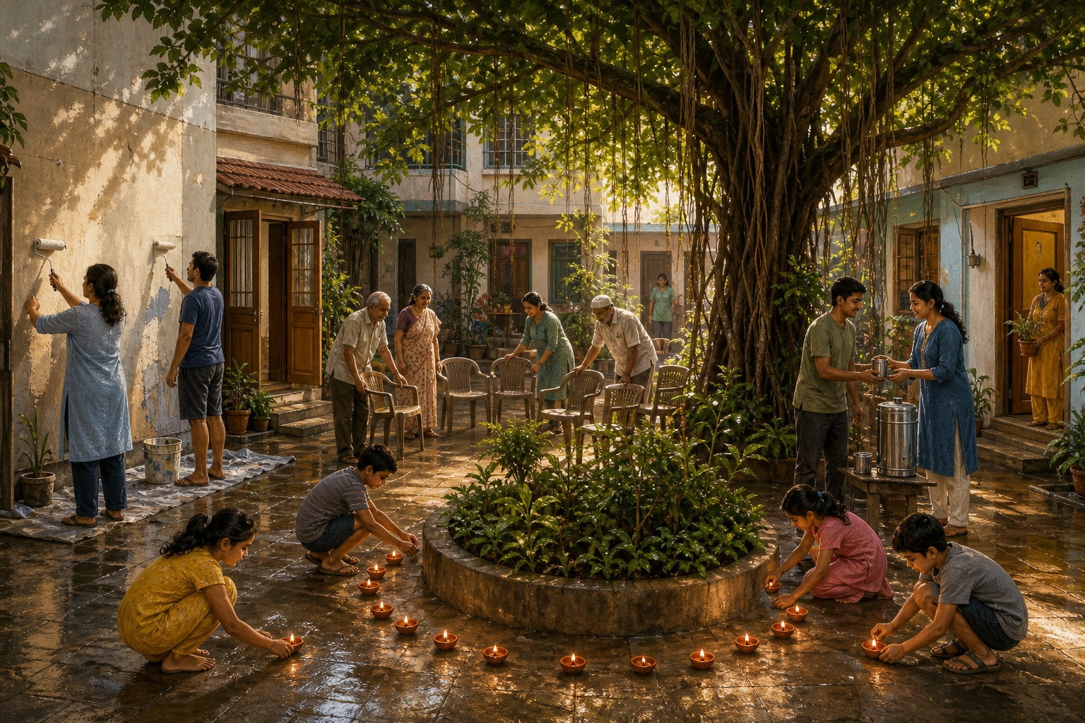 Neighbors repaint a damaged courtyard, arrange chairs, share water, and place clay lamps around a planter.