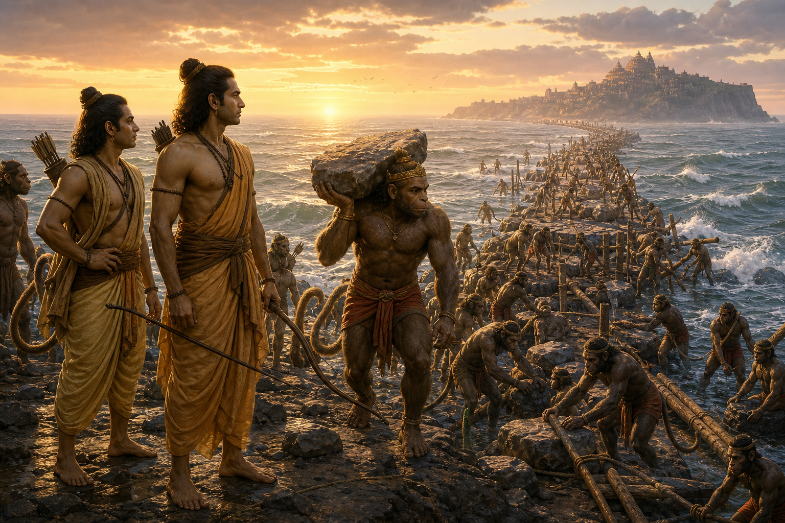 Rama and Lakshmana stand with Hanuman and other vanara allies as they labor to build a stone bridge across the sea toward Lanka.
