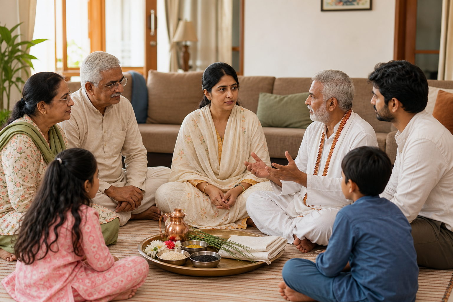 A Hindu woman, her relatives, and a ritual guide discuss preparations while seated around a tray of ancestral-rite materials in a living room.