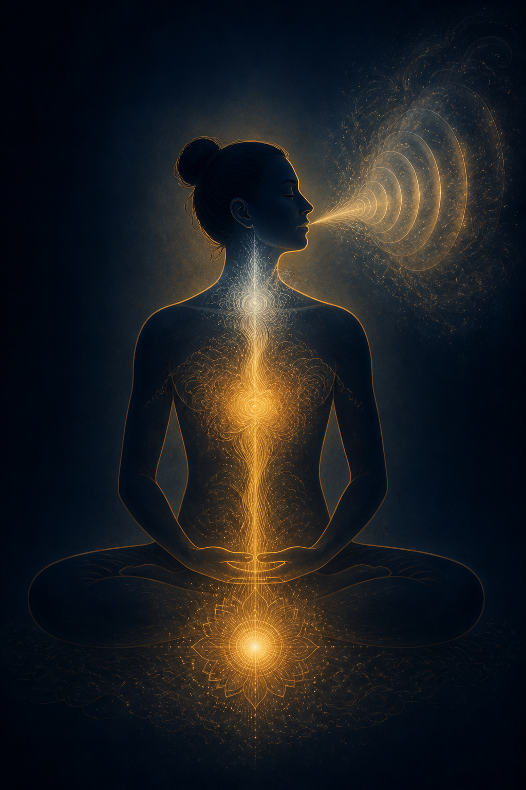 A seated figure with a golden inner light that unfolds through the body and emerges from the mouth as soft sound waves.