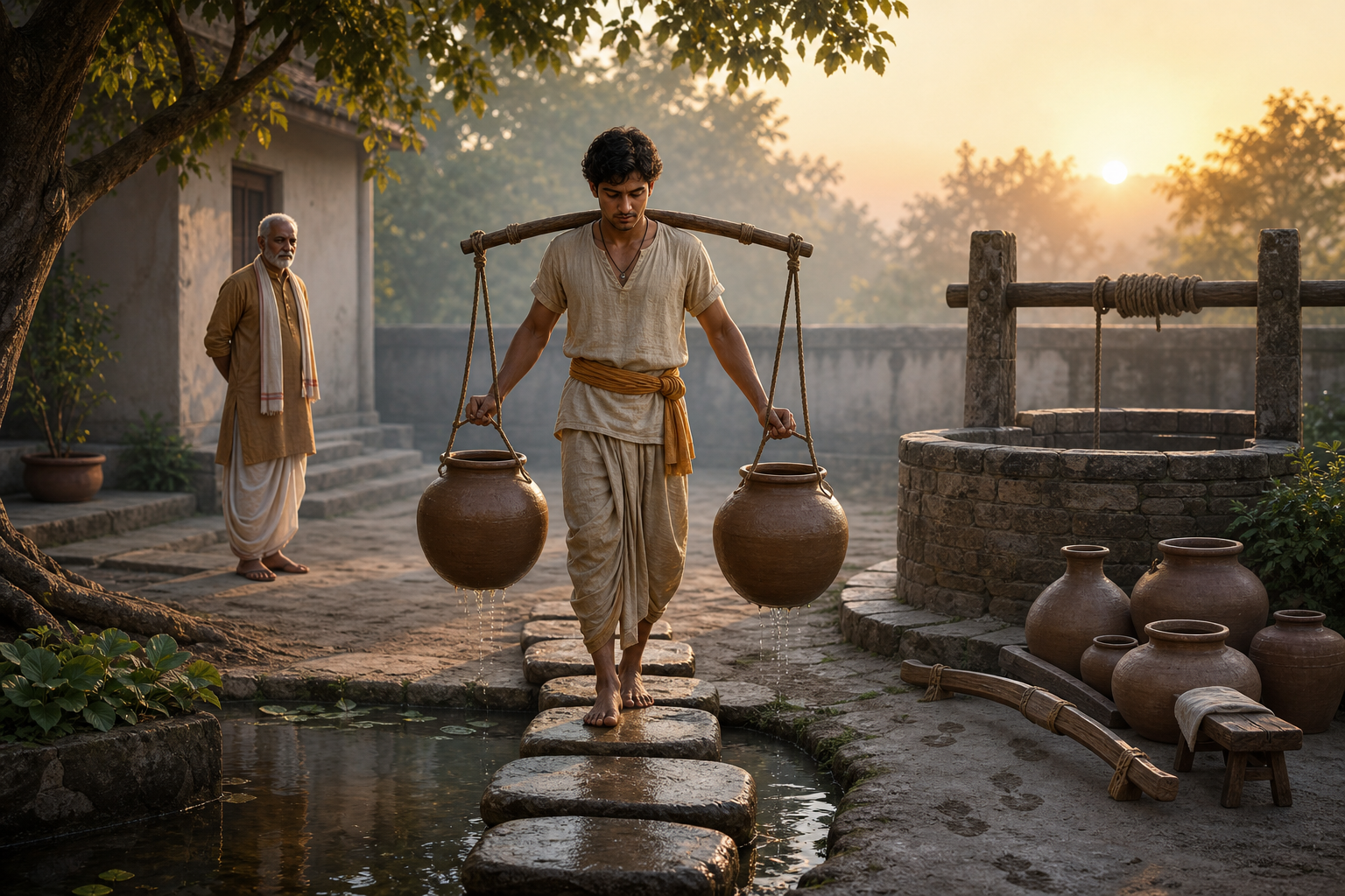 A young adult practices carrying two earthen water vessels across flat stones while an older mentor observes in a courtyard at dawn.