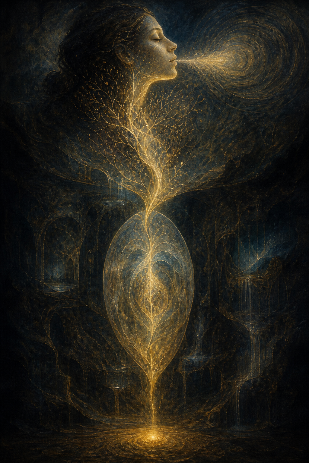 A continuous golden current rises through four visual depths and emerges from a human profile as ripples in the air.