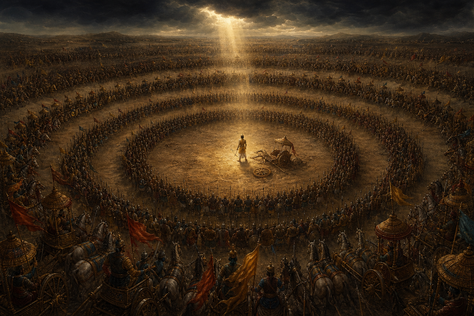 Abhimanyu stands beside a damaged chariot at the center of a vast circular battlefield formation as opposing warriors surround him under a stormy sky.