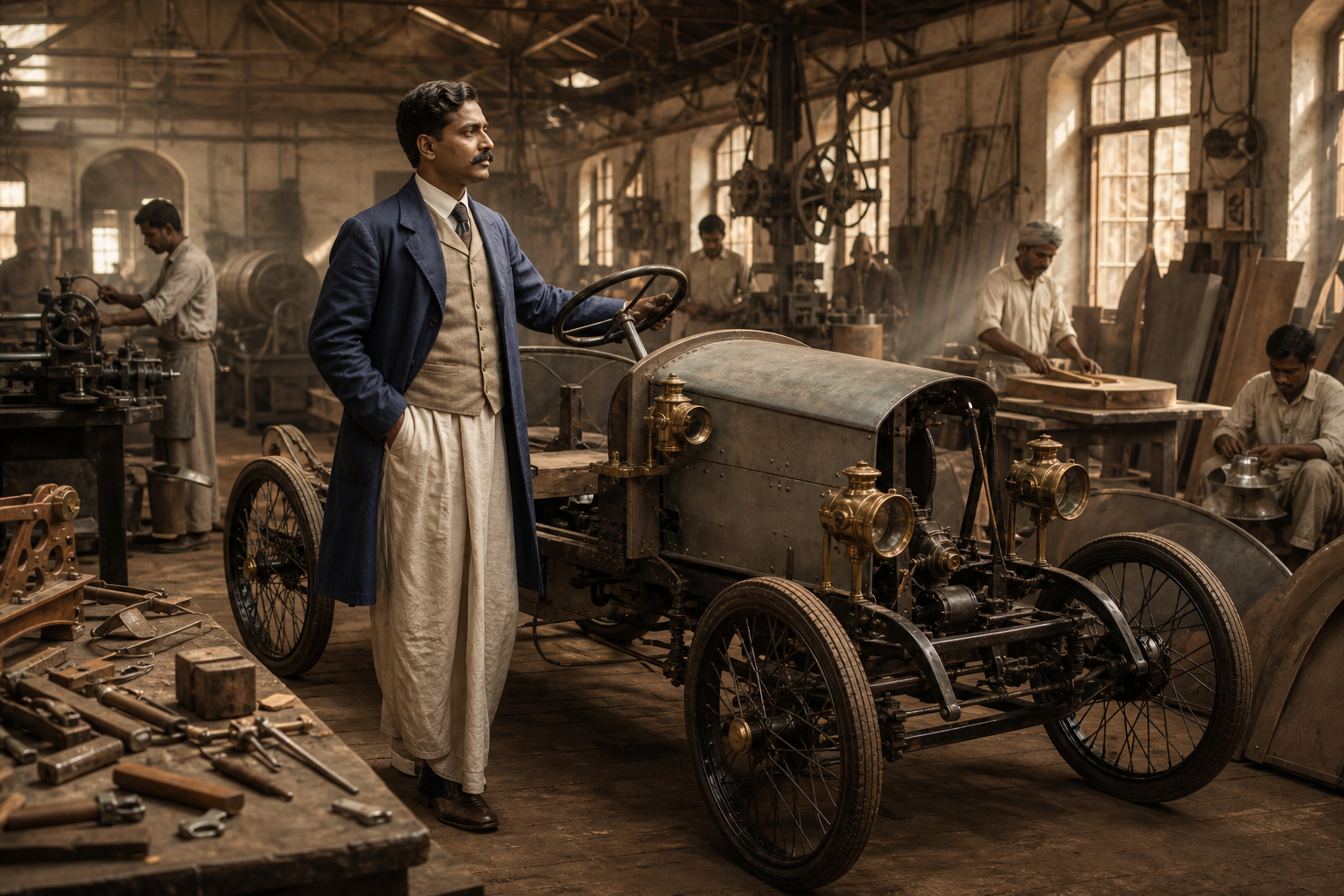 An early twentieth-century Indian inventor and workshop artisans stand beside a hand-built open-top motor car in a Bengali mechanical workshop.