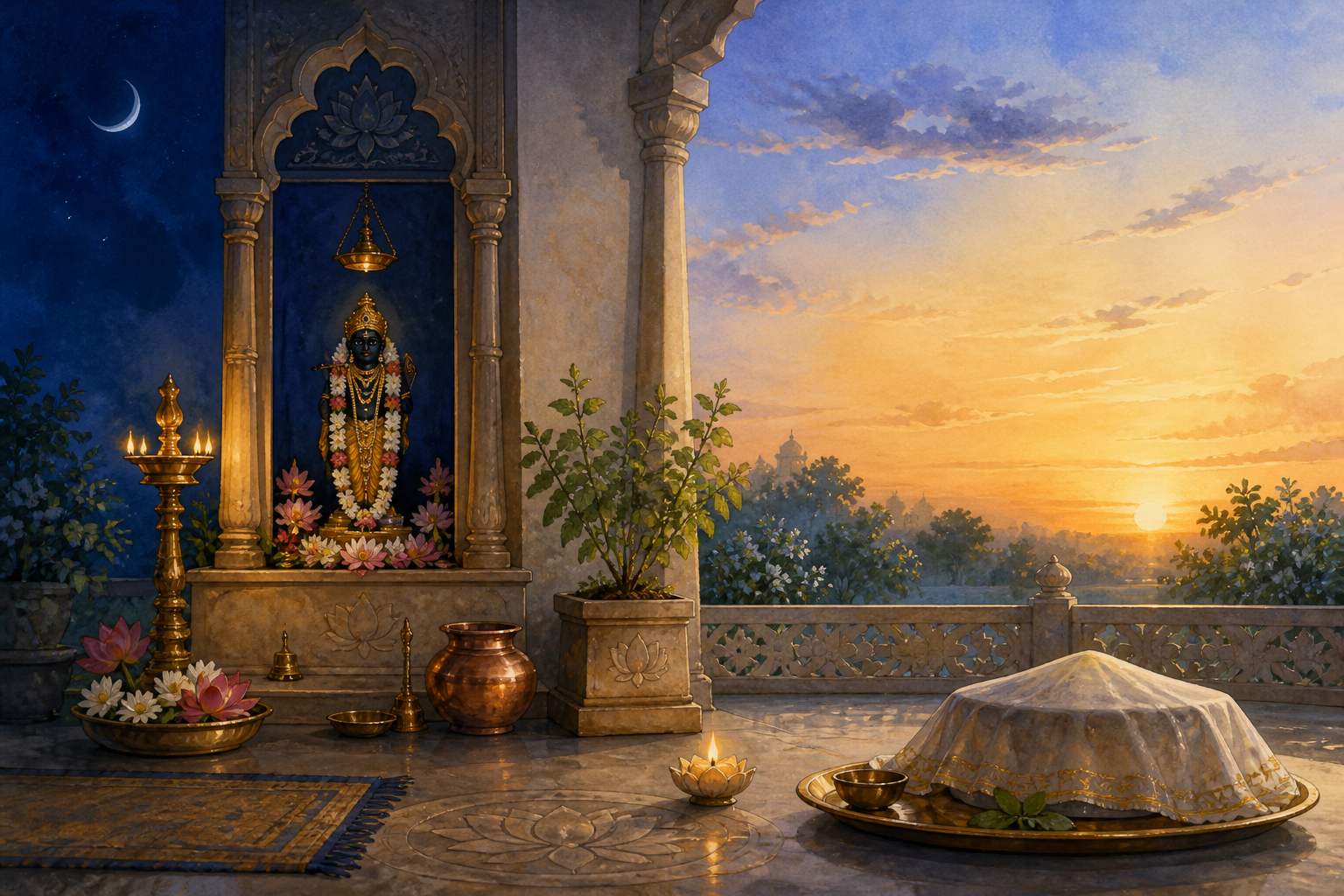 A home shrine with an oil lamp, tulsi plant, copper vessel, waning moon, sunrise, and a covered ritual meal.
