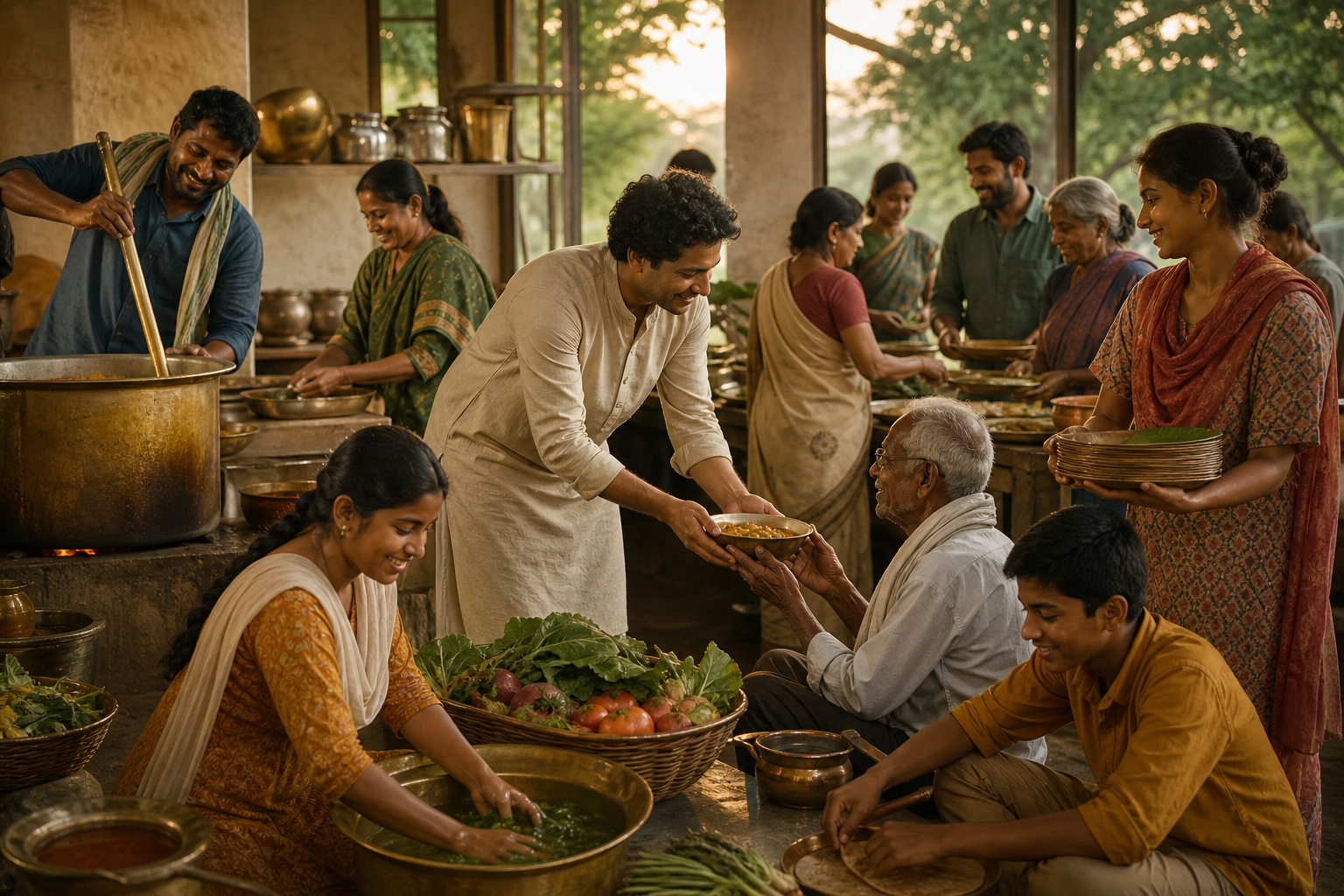 Volunteers of different ages prepare and serve a communal meal, with one person offering a bowl to an older guest.
