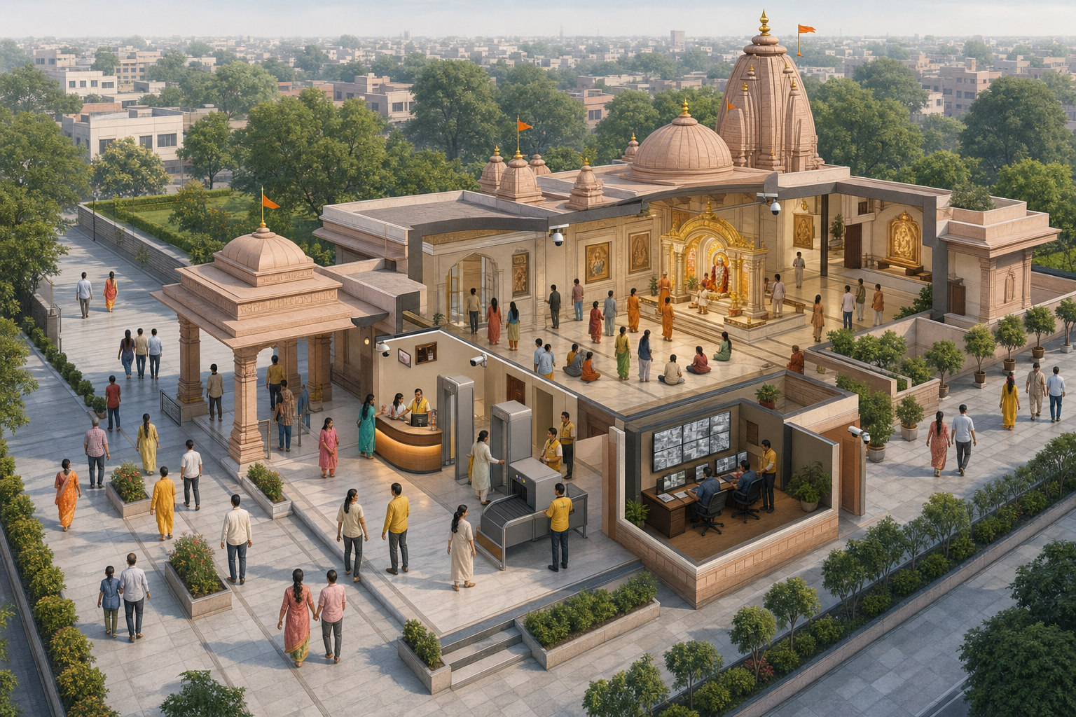 Cutaway illustration of a temple showing an orderly entrance, staffed screening point, camera coverage, open exits and a coordination room.