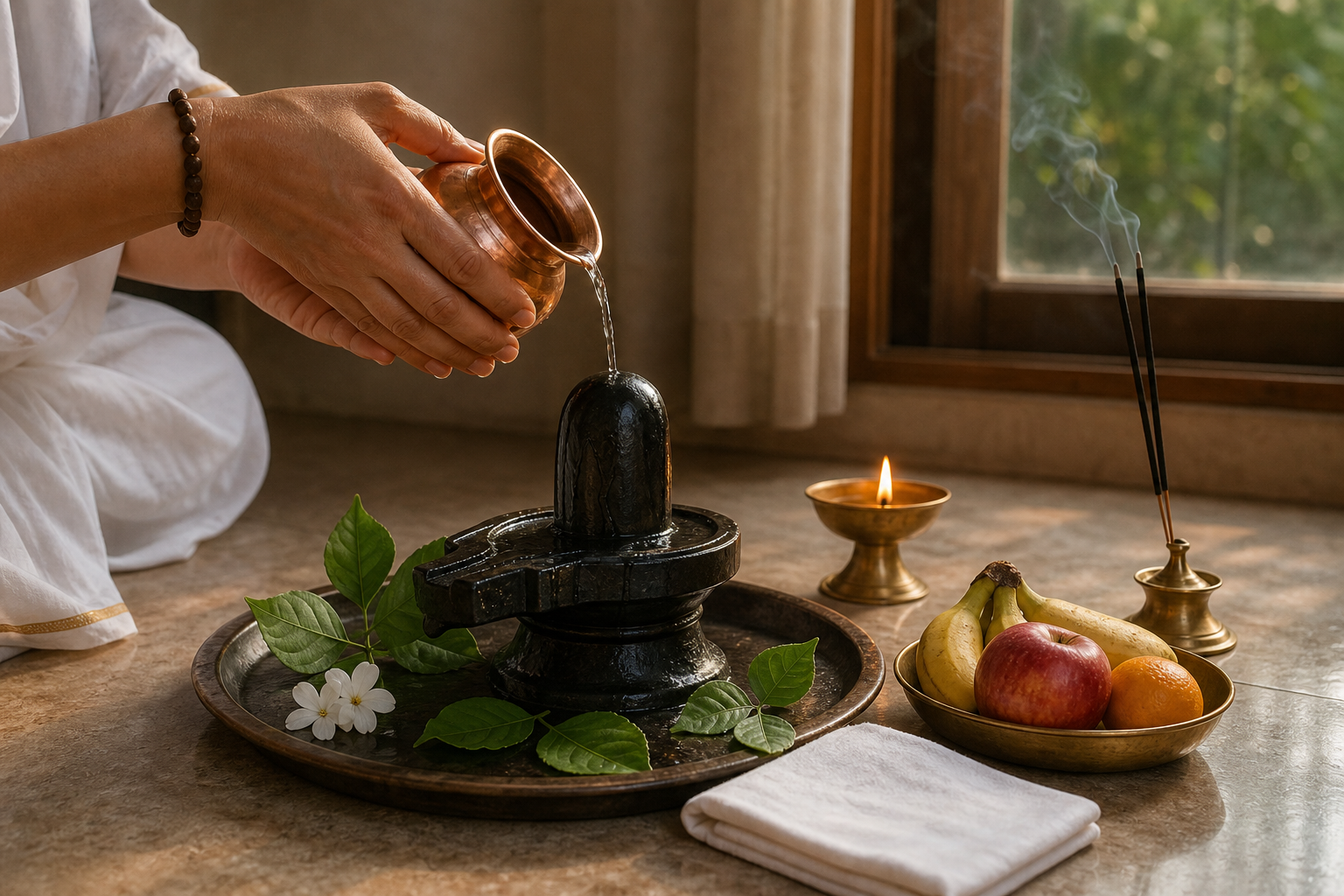 A devotee pours water over a small Shiva linga beside bilva leaves, white flowers, fruit, incense and a lit brass lamp.