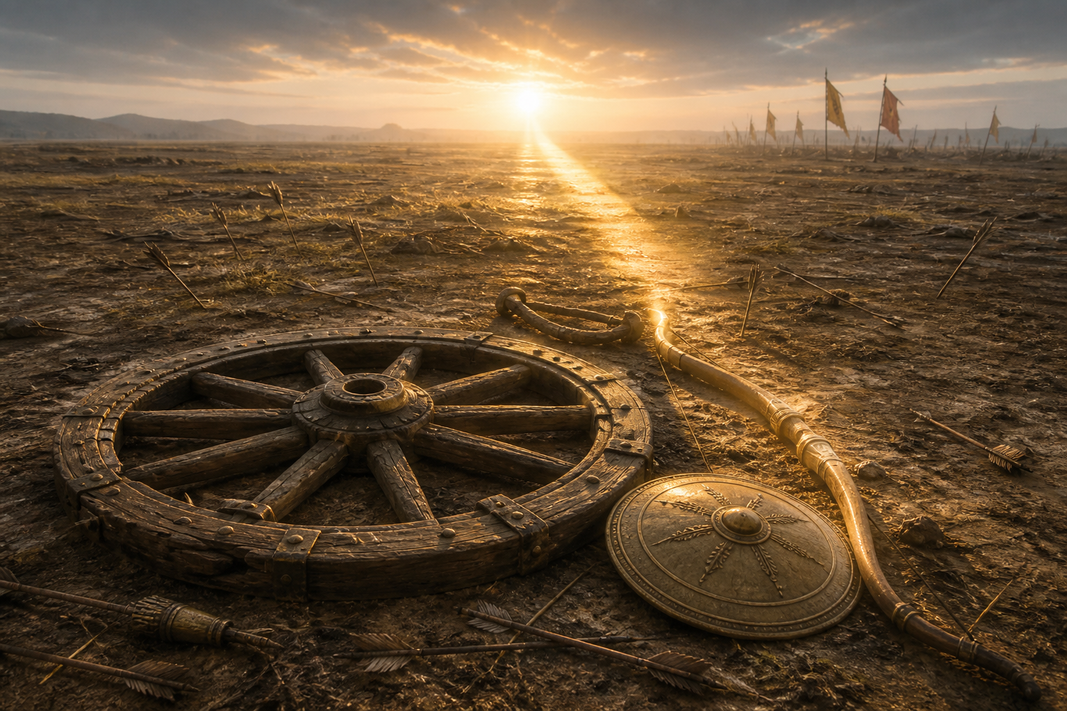 An abandoned bow, shield, and broken chariot wheel lie on a quiet battlefield as sunrise illuminates a path toward the horizon.