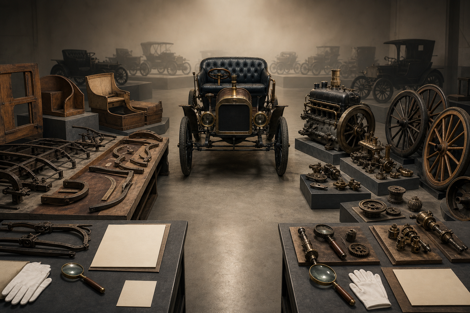 An antique car is displayed between hand-worked body parts, mechanical components, and faint vehicle silhouettes in a museum conservation room.