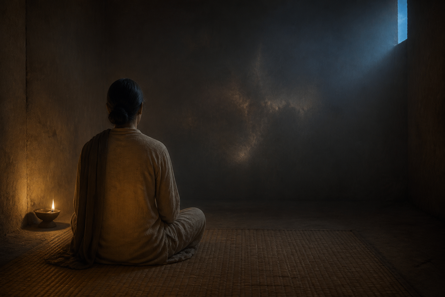 A person sits in a dim meditation room as a subtle warm light gathers at the center of the body and blends into the surrounding darkness.