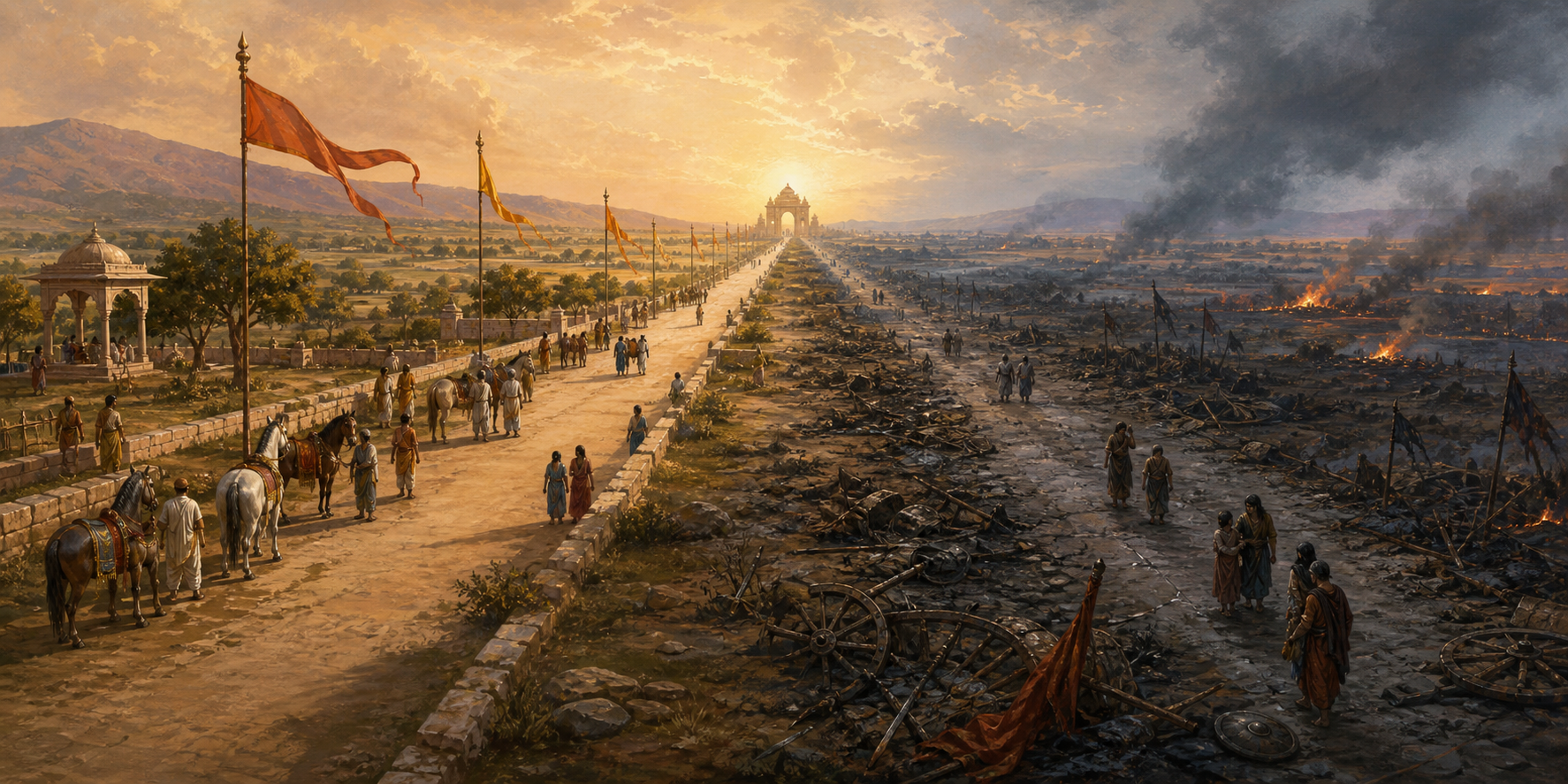 Two contrasting roads cross an ancient battlefield toward the same distant gateway, one orderly and protective and the other damaged and shadowed.
