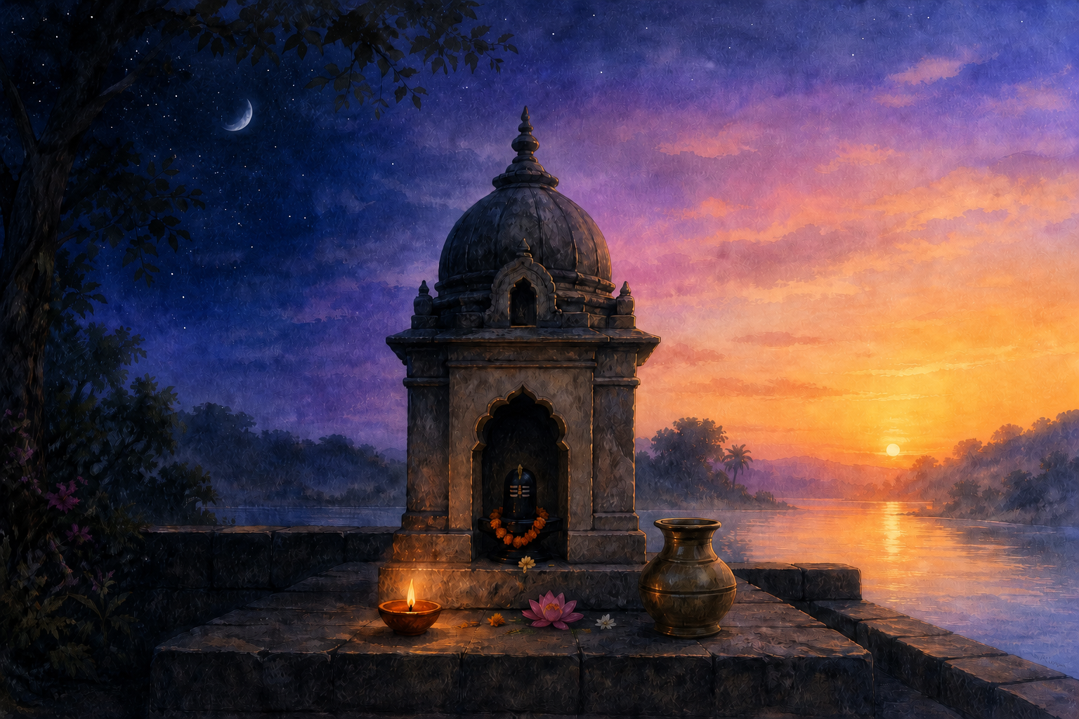 The same small shrine shown under a waning moon and again in early dawn light.