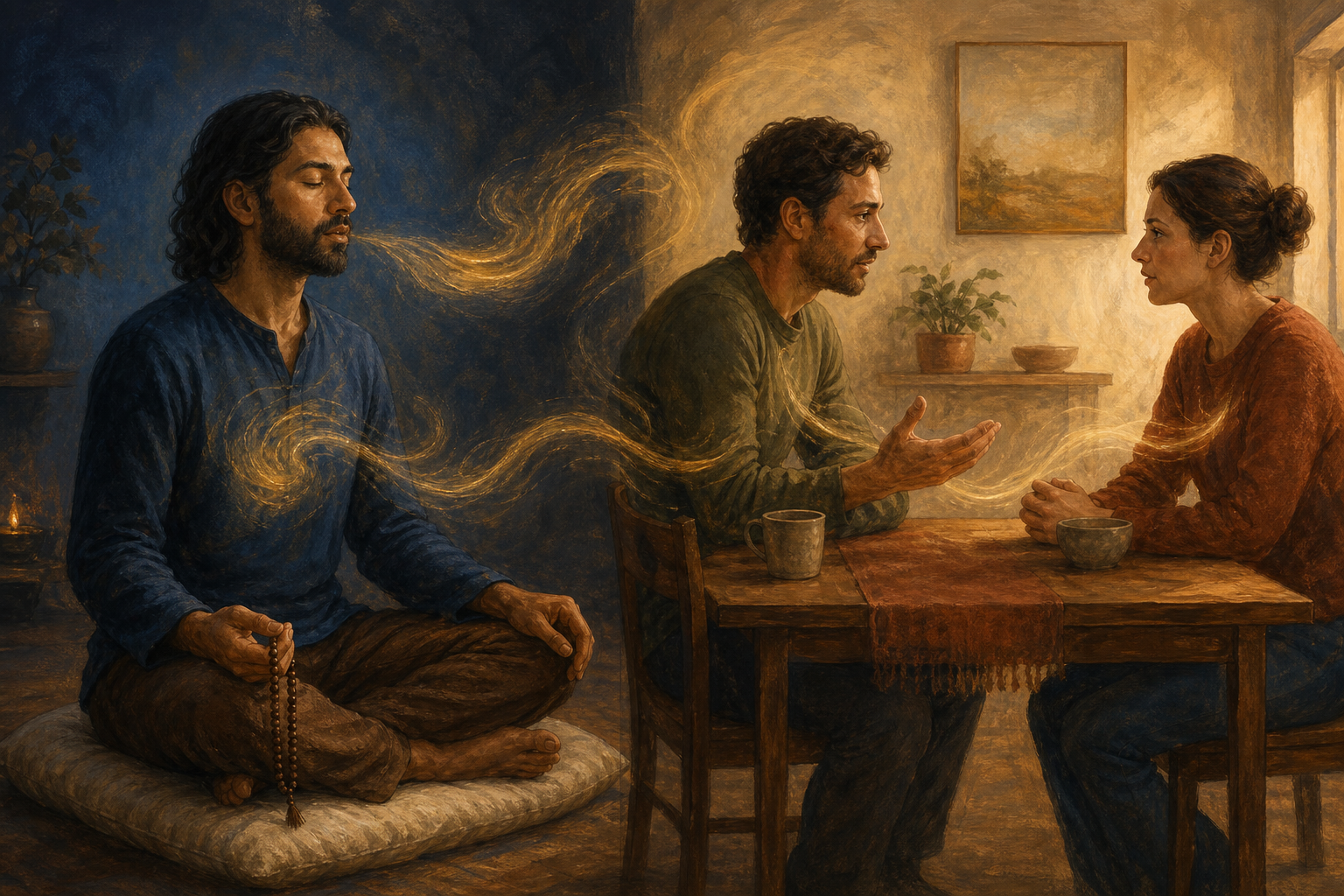 A split scene shows a seated mantra practitioner pausing before speaking and two people listening carefully during a difficult conversation.