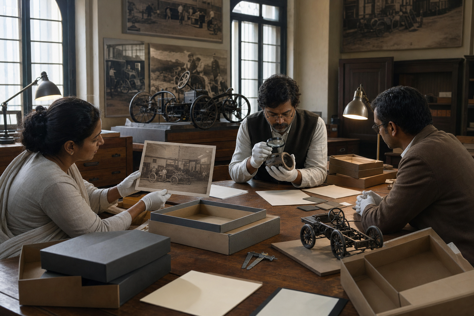 Researchers examine an antique motor-car component, an old workshop photograph, and archival materials on a museum table.