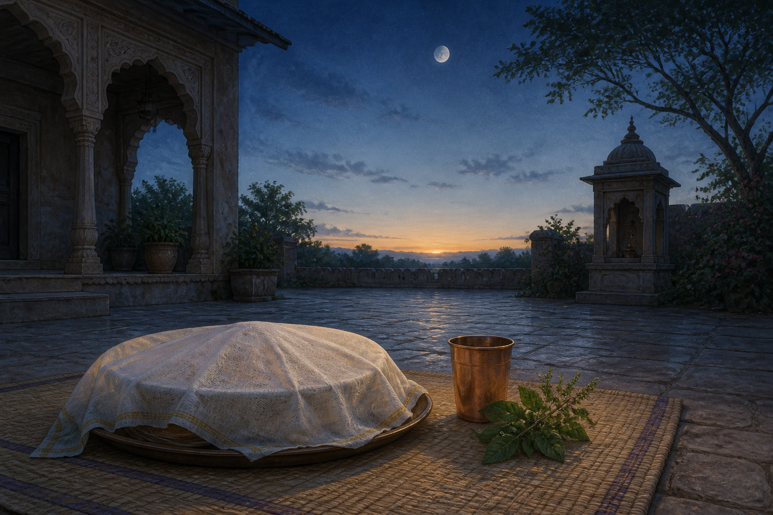 An untouched covered meal rests in a courtyard while the moon fades and dawn begins on the horizon.