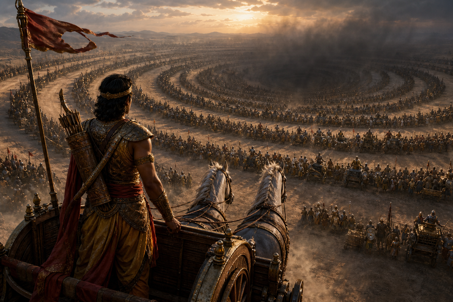 Abhimanyu observes the outer rings of a spiral battle formation from his chariot while the formation's inner passages vanish into dust and shadow.