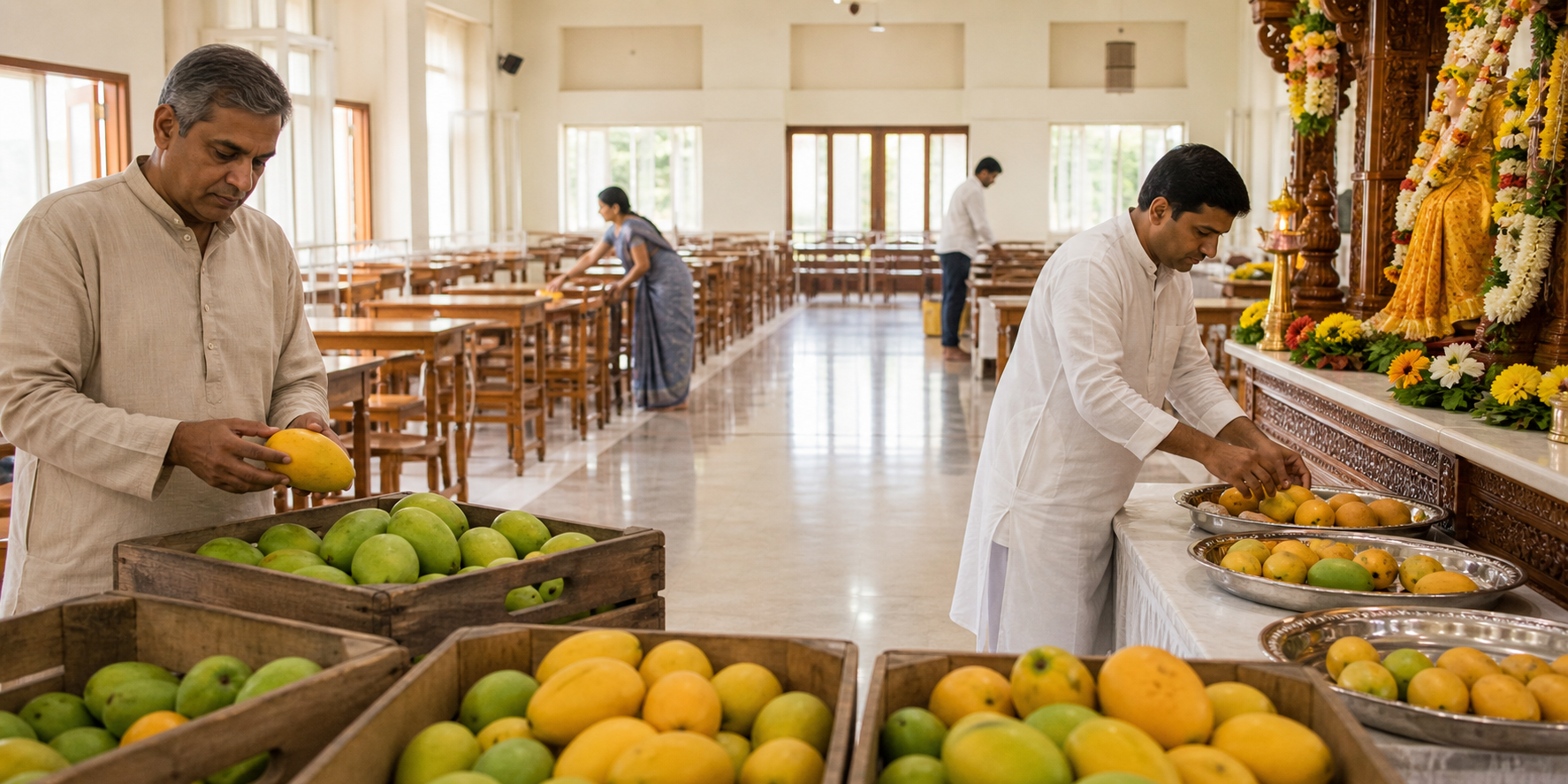 Devotees organize crates and trays of mangoes while preparing a temple community hall for a festival.