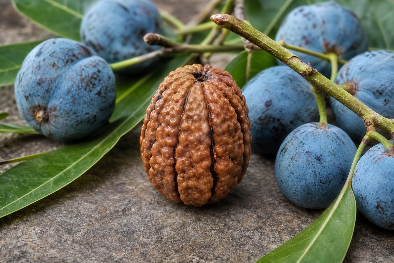 Close view of a five-grooved Rudraksha seed with blue fruits, green leaves, and a small tree twig.