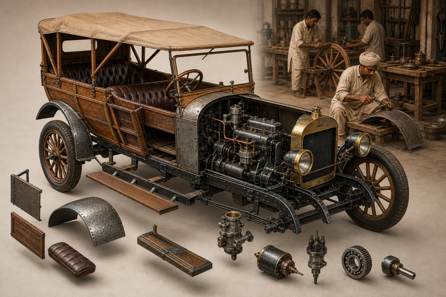 A cutaway early touring car shows handmade bodywork and chassis adaptations assembled around precision mechanical components.