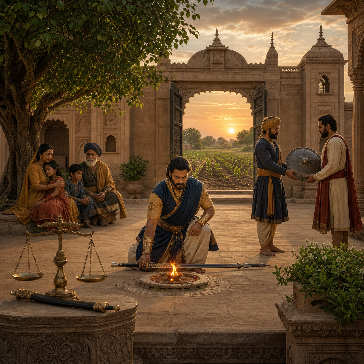 A warrior places his weapon beside a ceremonial flame in a courtyard surrounded by four symbolic scenes of protection, responsibility, restraint, and renewal.