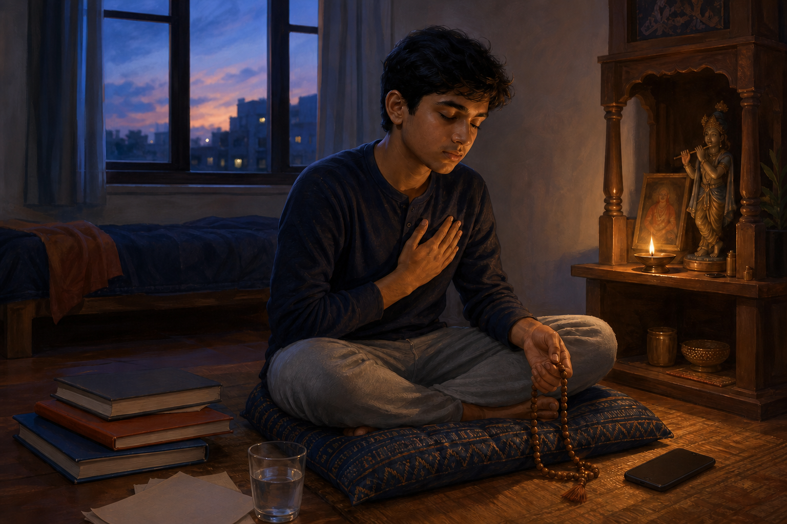 A tired teenager sits beside a small home prayer shelf with a wooden japa mala, schoolbooks, water, and a face-down phone nearby.