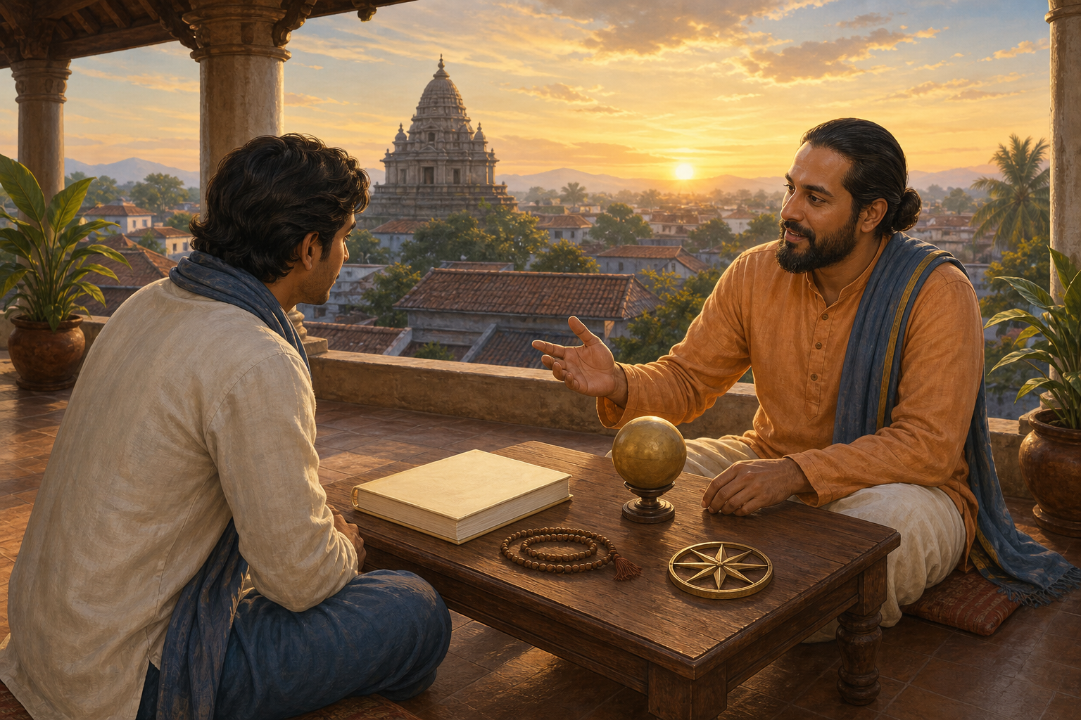 A devotee and temple guide sit at a low table with a closed almanac as the sun rises beyond local rooftops.