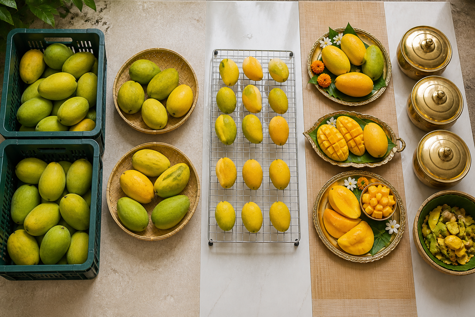 Mangoes progress from storage crates through sorting and washing to offering platters, serving bowls, and peel collection.