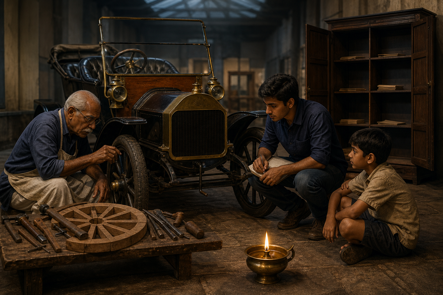 Three generations examine an early motor car and traditional workshop tools beside a glowing brass lamp in a museum.