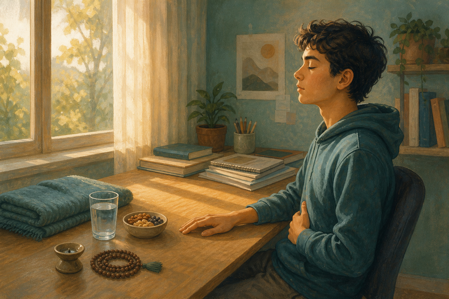 A teenager pauses at a study desk beside water, a snack, a folded blanket, and prayer beads, with homework set slightly aside.
