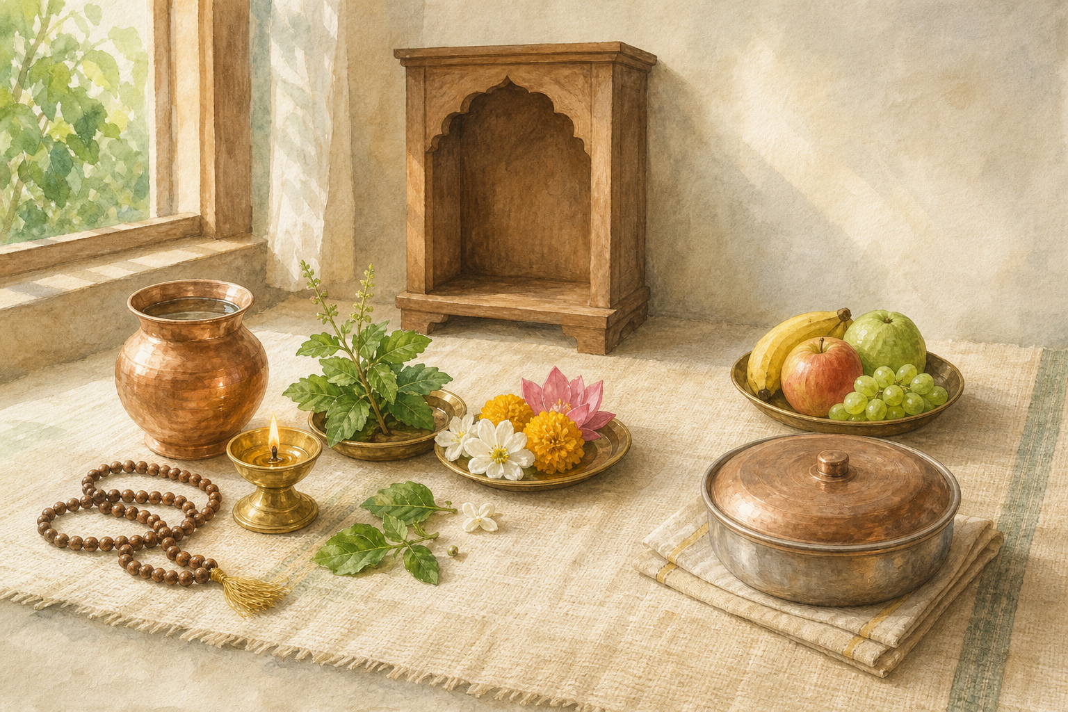 A devotional still life with a brass lamp, prayer beads, flowers, tulsi leaves, water, fruit, and a covered meal.