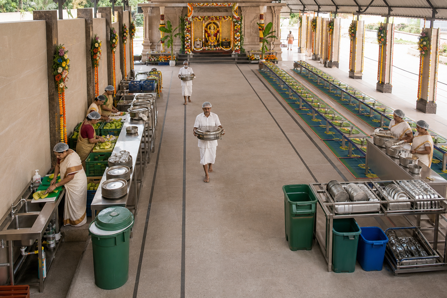 Volunteers set up a mango festival venue with separate worship, food preparation, serving, dining, and dish-return areas connected by open walkways.