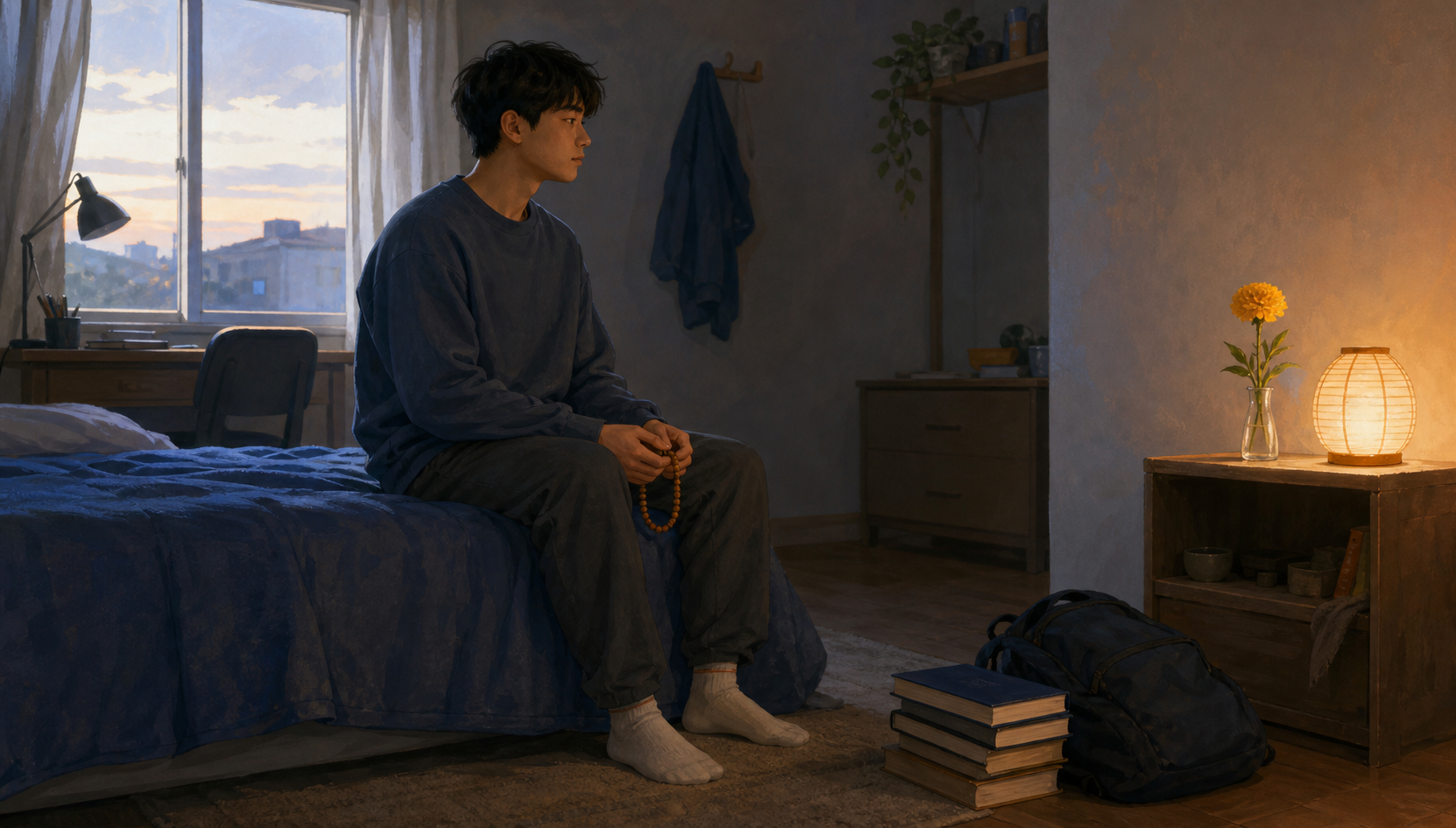 An exhausted teenager sits on the edge of a bed with a short loop of prayer beads while a small flower and lamp rest on a home altar behind them.