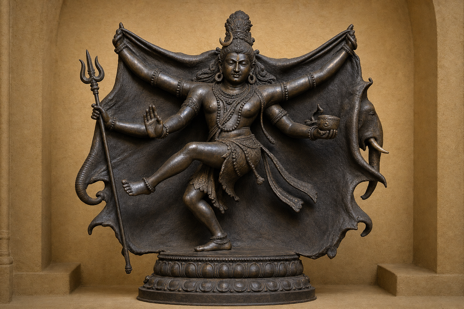 Bronze Gajasurasamhara figure with multiple arms, an outspread elephant hide, a trident, a hand drum, and a skull bowl against a plain stone niche.