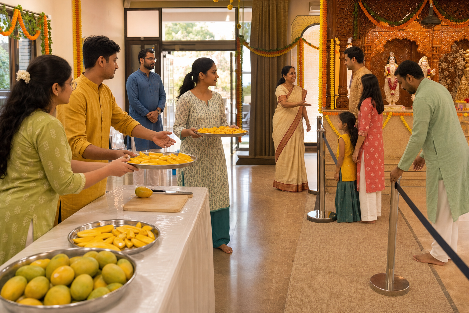 Volunteers rehearse welcoming guests and passing a prepared mango platter safely toward the offering area.
