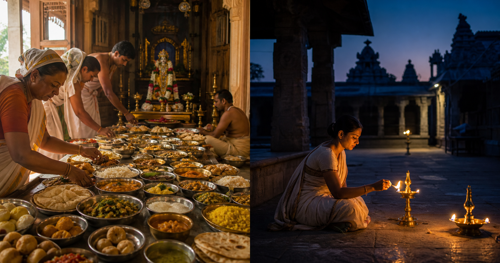 A two-part scene shows devotees arranging vegetarian food offerings in a temple on one side and lighting a brass oil lamp before dawn on the other.
