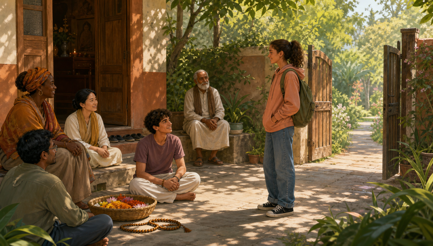 A teenager stands by an open garden gate while a peer and an older mentor offer company from a respectful distance outside a devotional gathering space.