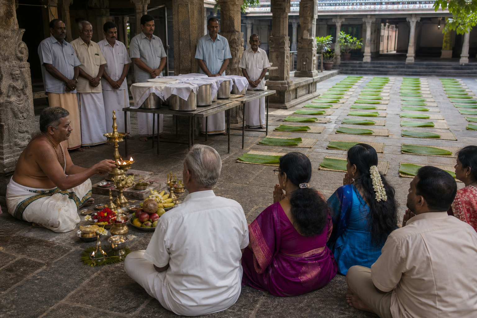 Family members and volunteers plan worship, meal service, water, and cleanup in a temple courtyard.