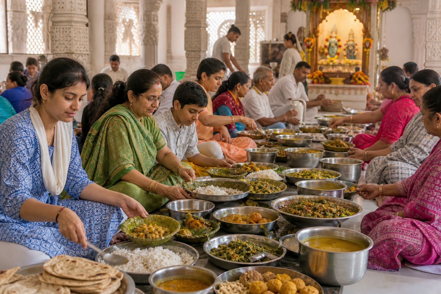 Temple volunteers prepare vegetarian dishes, pack food for distribution, and serve a meal in a Krishna shrine courtyard.