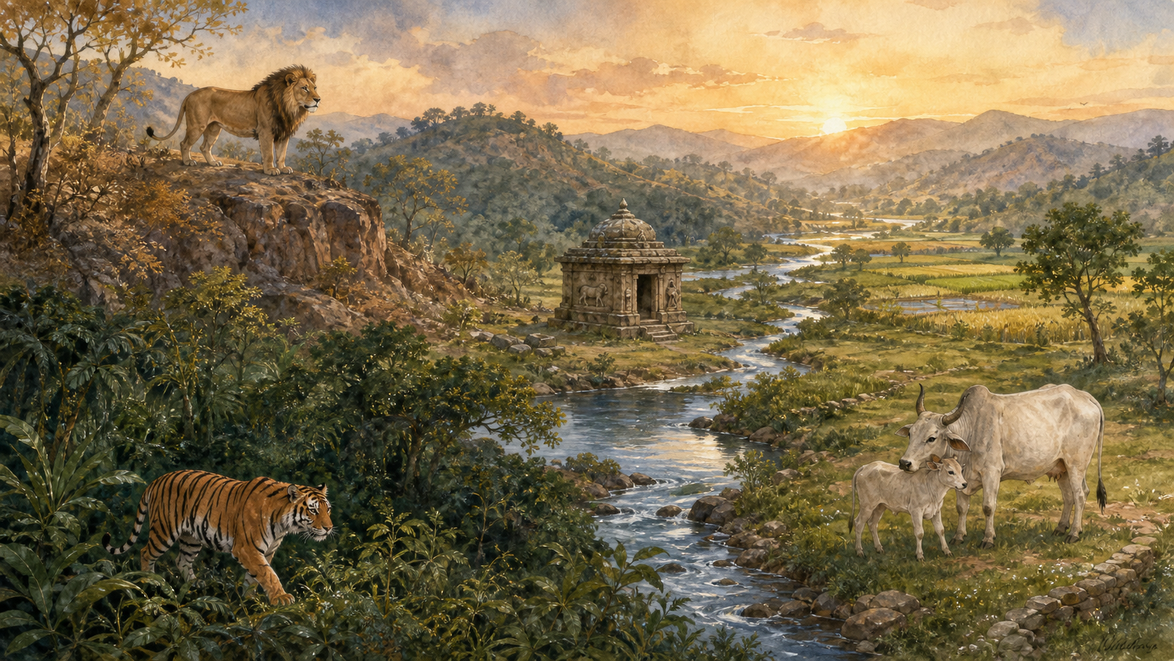 An Asiatic lion, a Bengal tiger, and a zebu cow with her calf occupy separate habitats connected by a river in an Indian landscape with a small stone shrine.