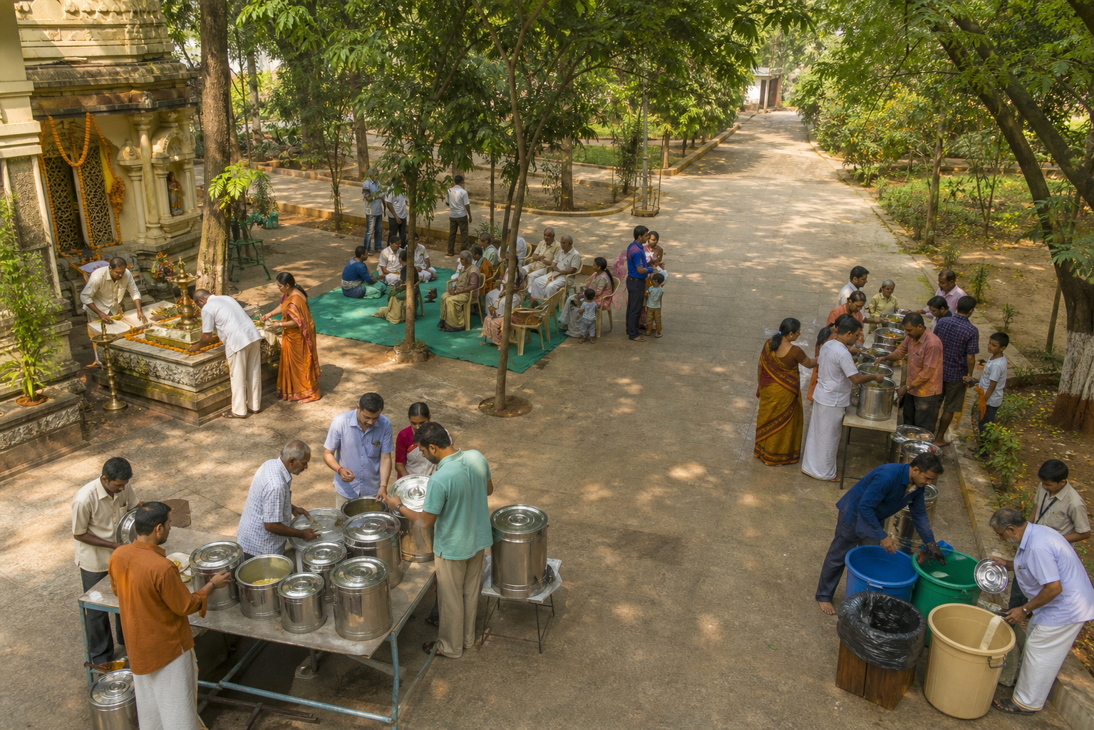 Worshippers face a temple shrine during a lamp offering, with an empty communal dining area visible beyond the courtyard.