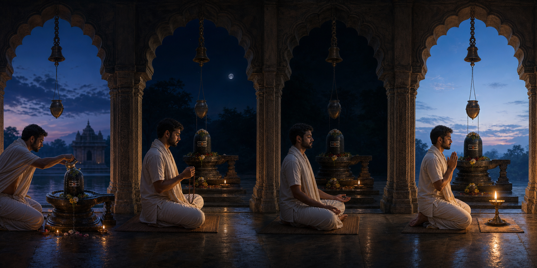Four adjoining scenes show one devotee offering water, using prayer beads, meditating and praying at the same Shiva shrine from dusk until dawn.