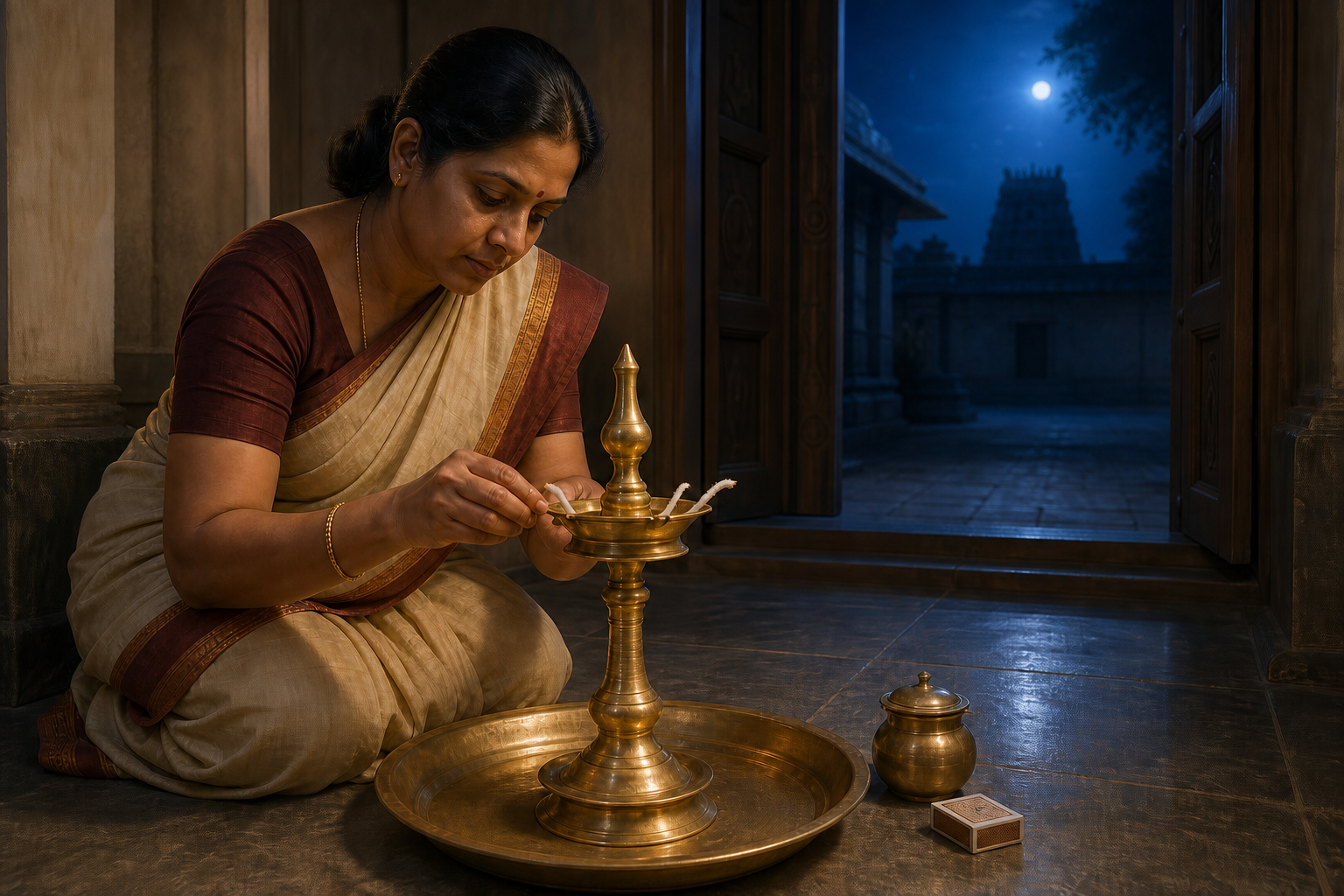 A devotee prepares cotton wicks and oil in an unlit brass lamp on a stable tray the night before Bharani Deepam.