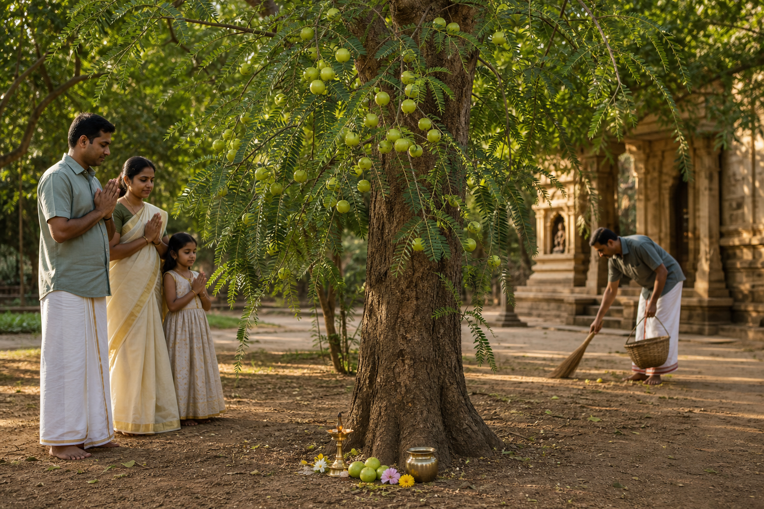 Adults and a child honor an Indian gooseberry tree beside a simple lamp and flower offering while a volunteer cleans the grove path.