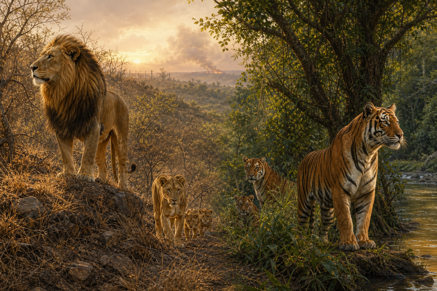 An Asiatic lion guards a family in dry woodland while a Bengal tiger watches over cubs in a riverine forest.
