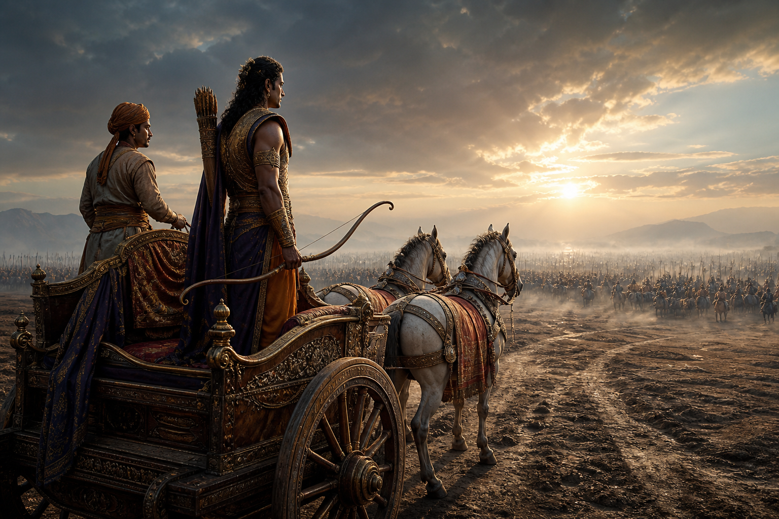 An ancient Indian archer pauses with his bow lowered in a chariot beside a calm charioteer as armies wait across a misty battlefield at sunrise.