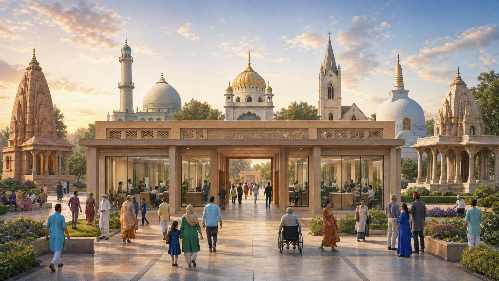 Citizens walk through an open Indian civic building toward a courtyard surrounded by several distinct places of worship.